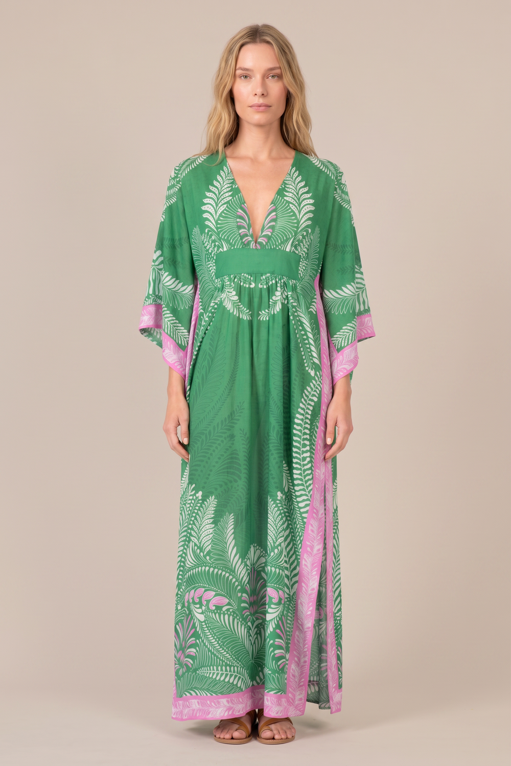 Green Oolong kaftan – Kaftan Sol by Poupette St Barth, full-length front view with V-neck and side slits