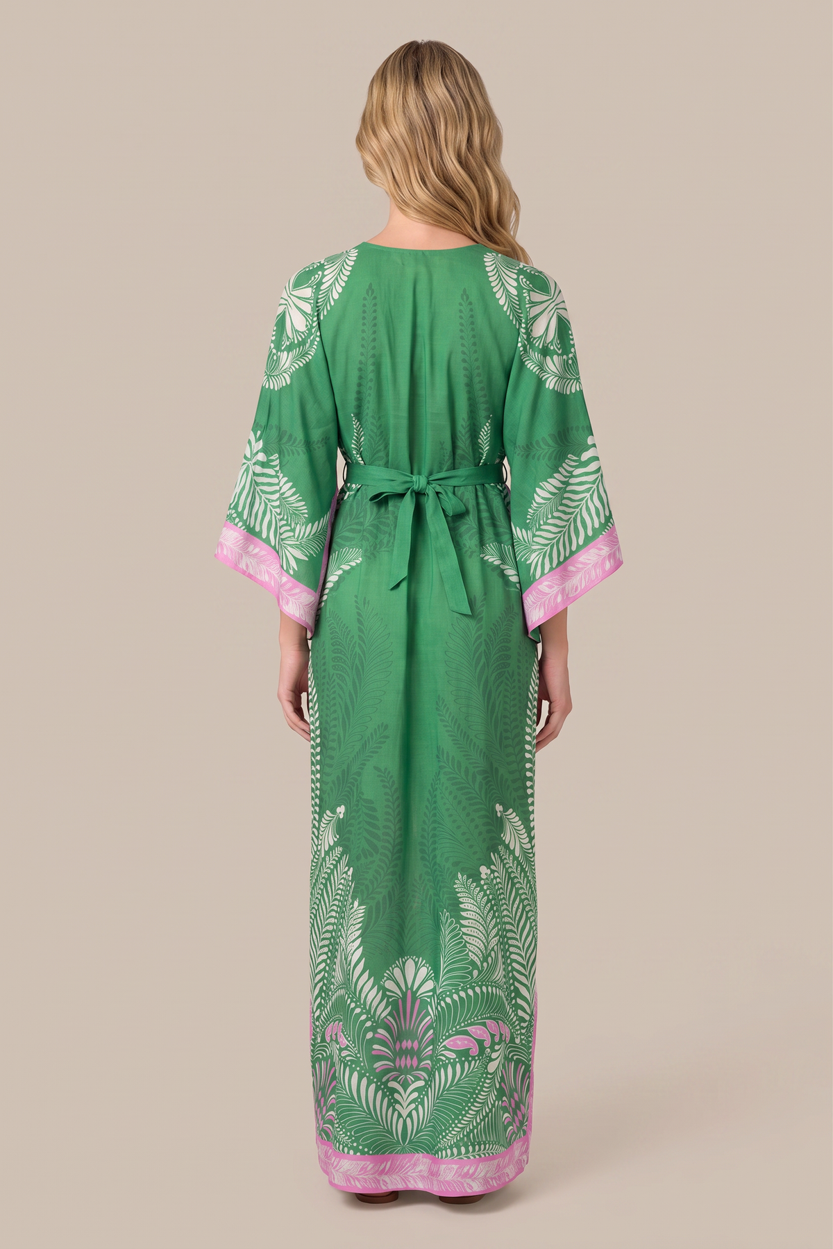 Green Oolong kaftan – Kaftan Sol by Poupette St Barth, full-length back view with tie waist