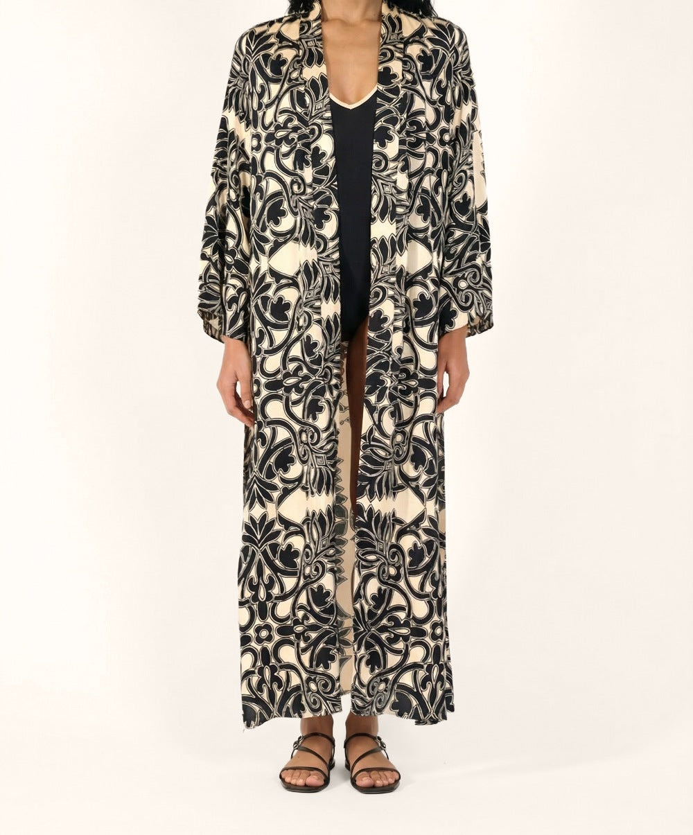 Black viscose satin Kimono Lea cover-up by Poupette St Barth, featuring a relaxed fit and elegant design.