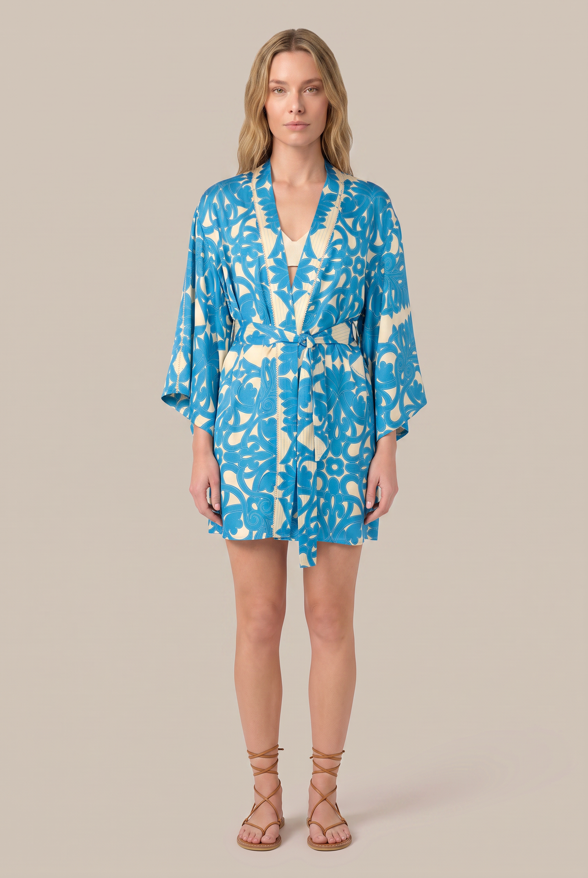 Blue Luna Kimono cover-up by Poupette St Barth featuring flowing fabric and intricate pattern, perfect for beach or casual wear.