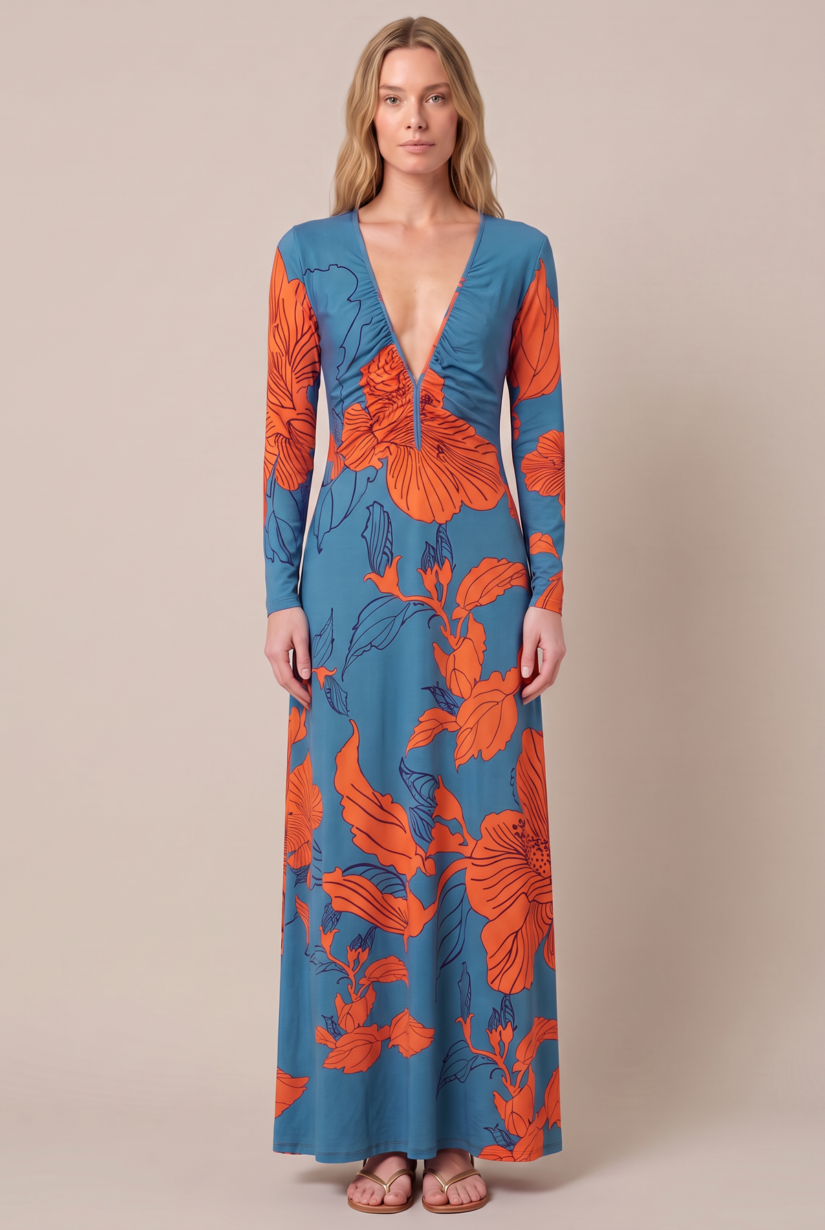 Blue Hibiscus long dress – Long Dress Bossa by Poupette St Barth, full-length front view with plunging V-neckline and long sleeves