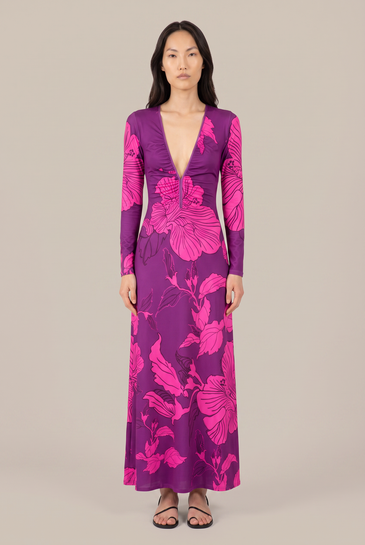 Purple Hibiscus long dress – Long Dress Bossa by Poupette St Barth, front view with plunging V-neck and long sleeves