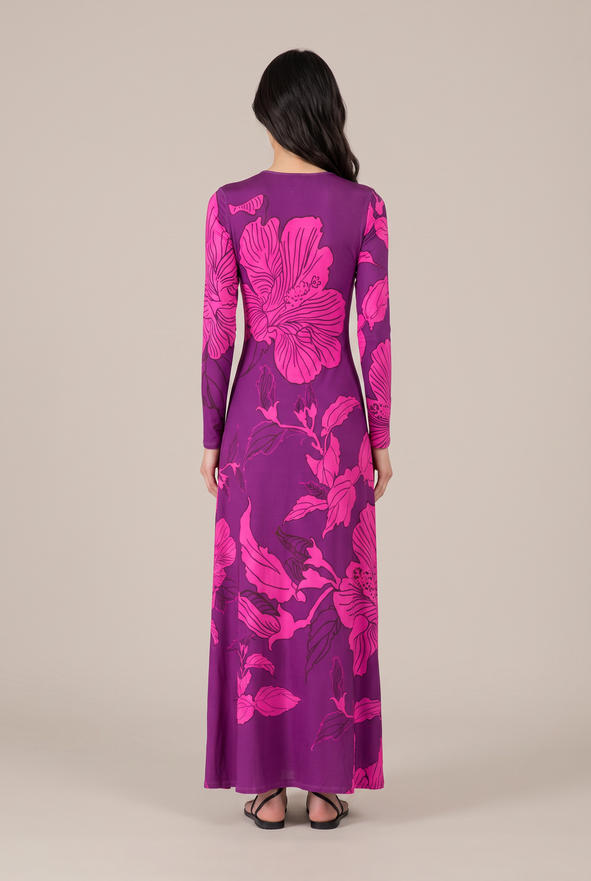 Purple Hibiscus long dress – Long Dress Bossa by Poupette St Barth, back view of the maxi length