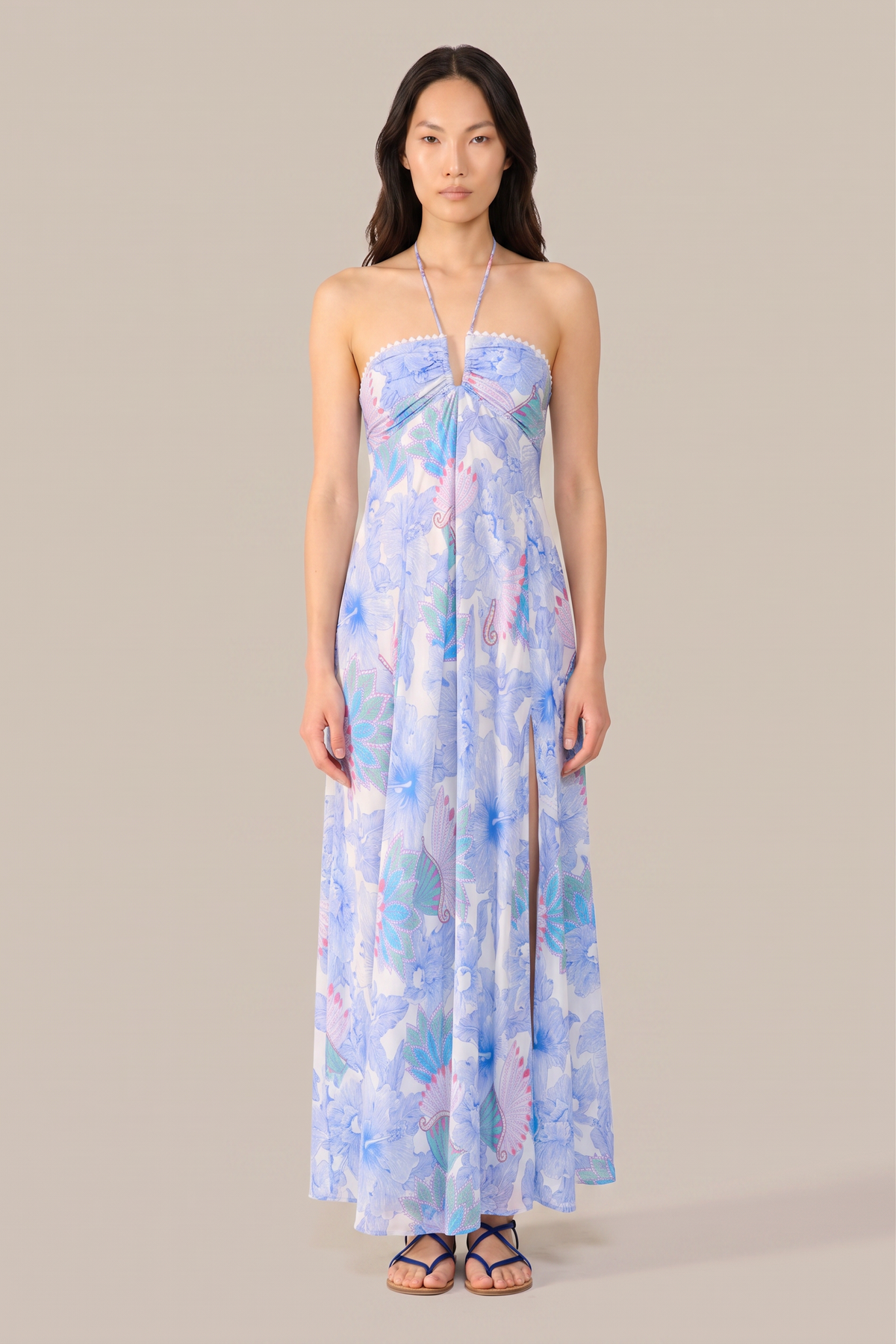Blue Padang long dress – Long Dress Carla by Poupette St Barth, full-length front view with halter neck and slit