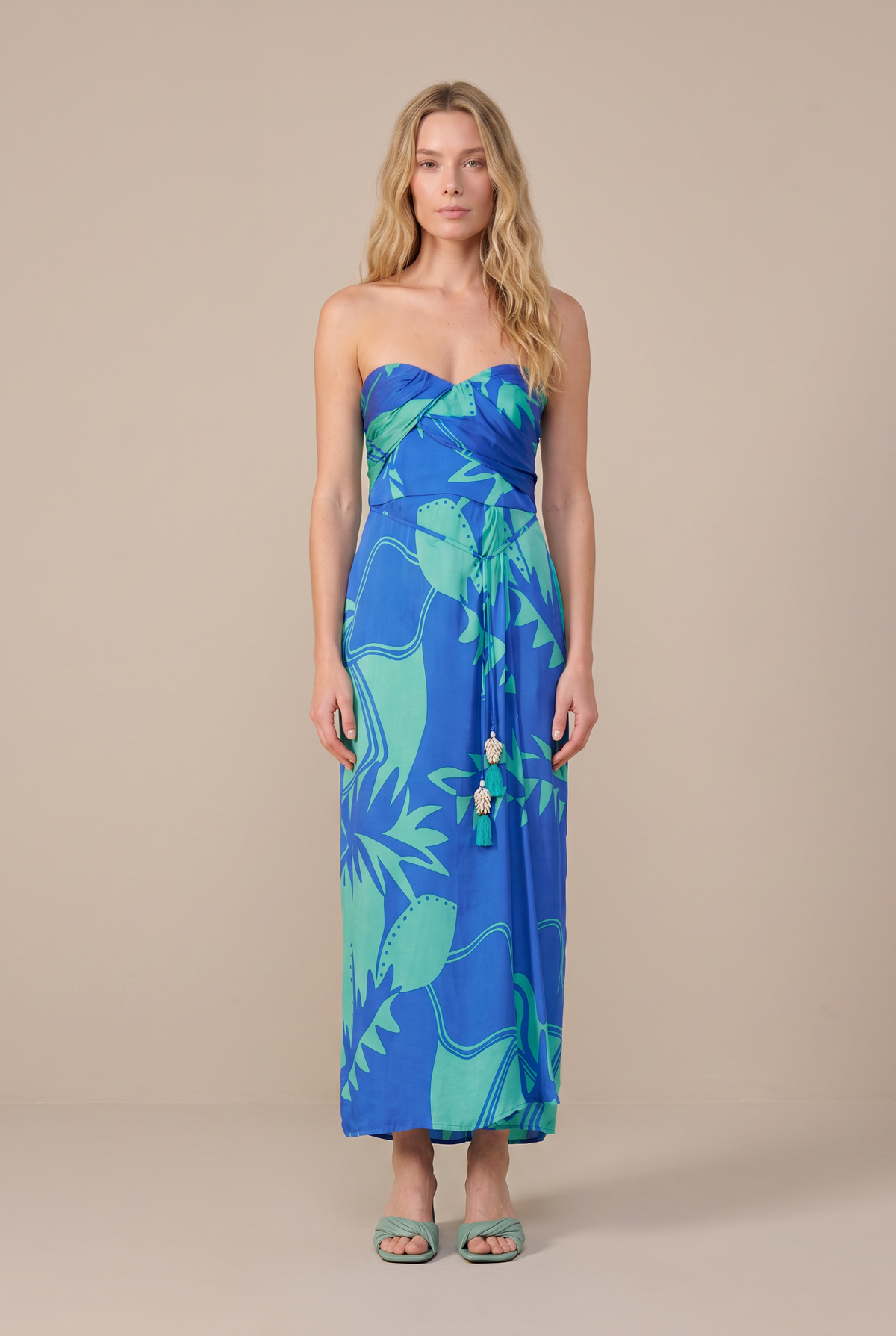 Blue Oasis long dress – Long Dress Collina by Poupette St Barth, full-length front view with tassel tie