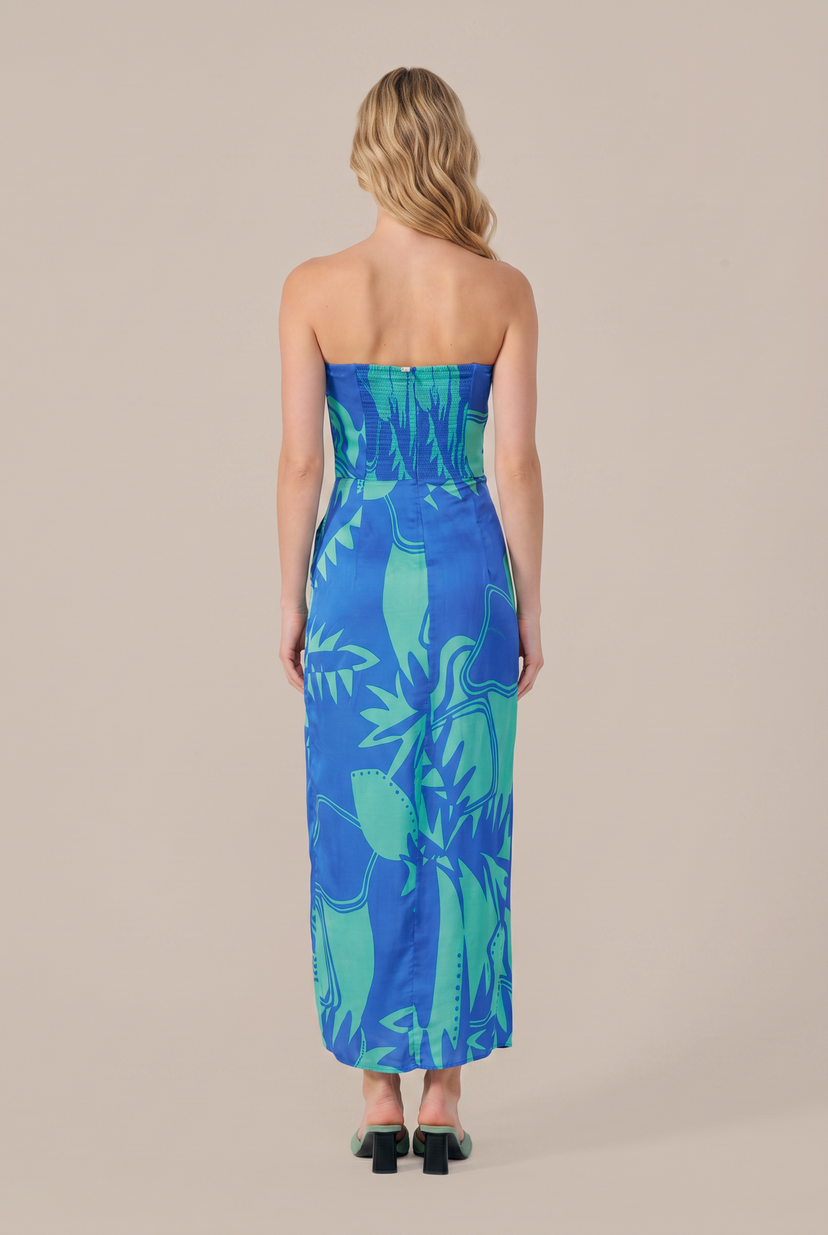 Blue Oasis long dress – Long Dress Collina by Poupette St Barth, full-length back view with smocked bodice