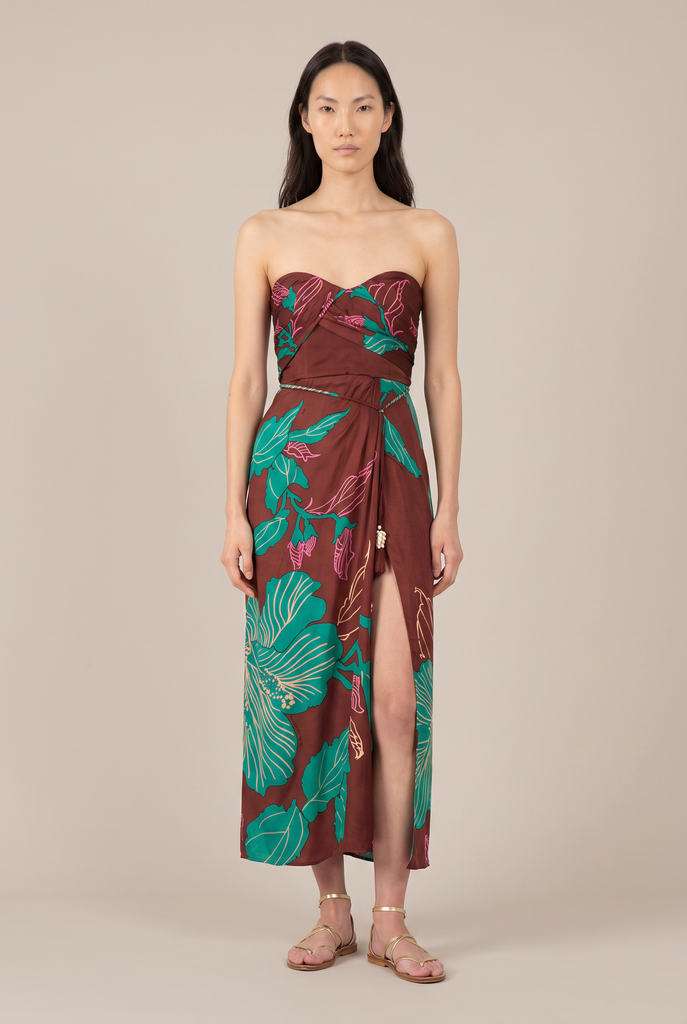 Long Dress Collina - Brown Hibiscus | Poupette St Barth