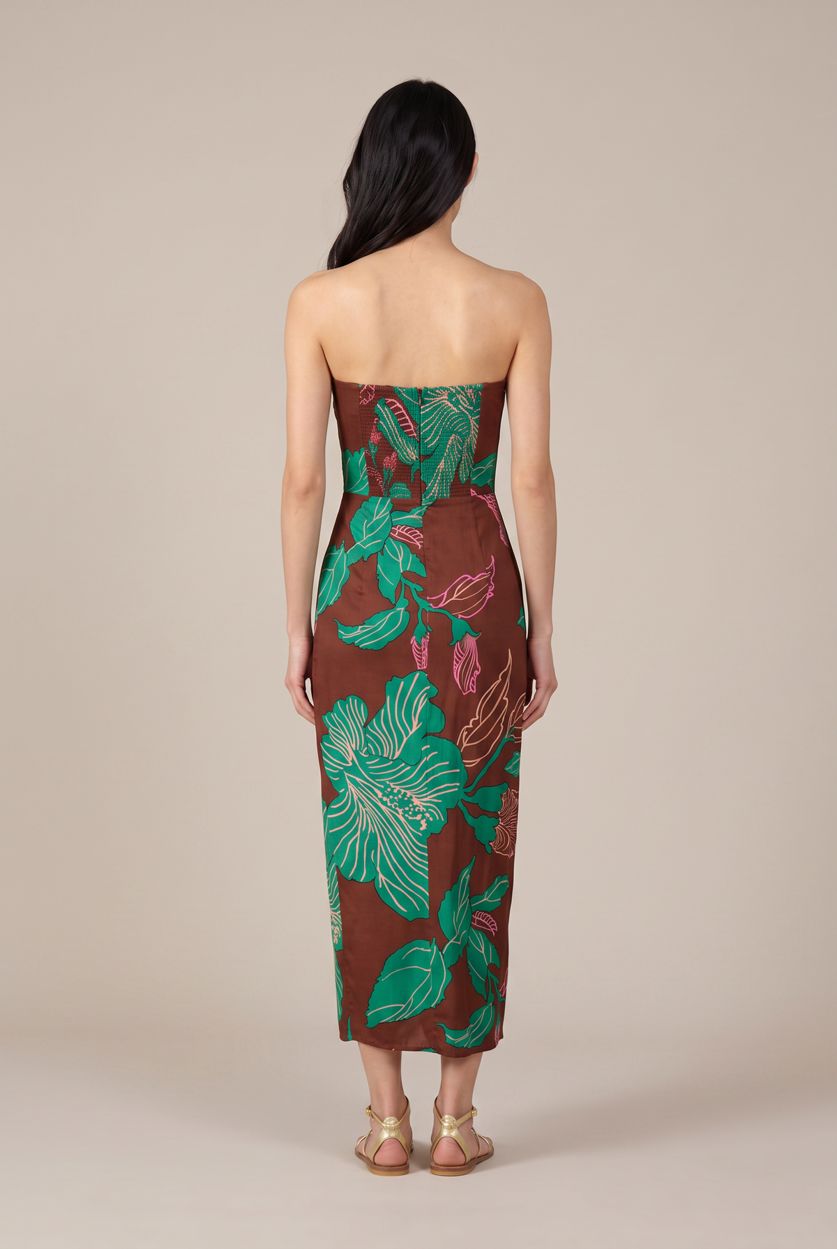 Brown Hibiscus long dress – Long Dress Collina by Poupette St Barth, full-length back view with smocked bodice