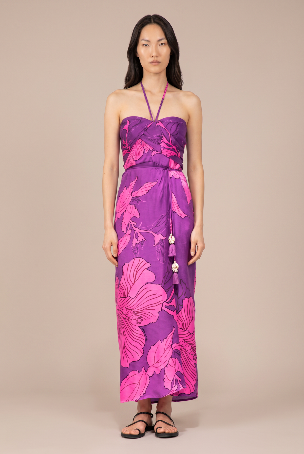 Purple Hibiscus long dress – Long Dress Collina by Poupette St Barth, full-length front view with halter strap