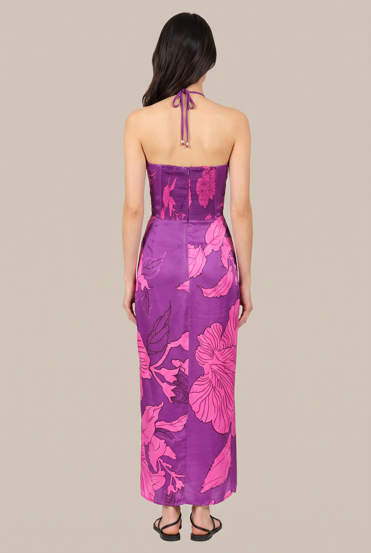 Purple Hibiscus long dress – Long Dress Collina by Poupette St Barth, full-length back view with halter tie