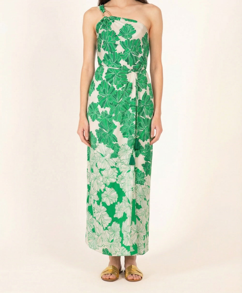 Green floral long dress by Poupette St Barth, silky viscose satin fabric, elegant and flowy design.