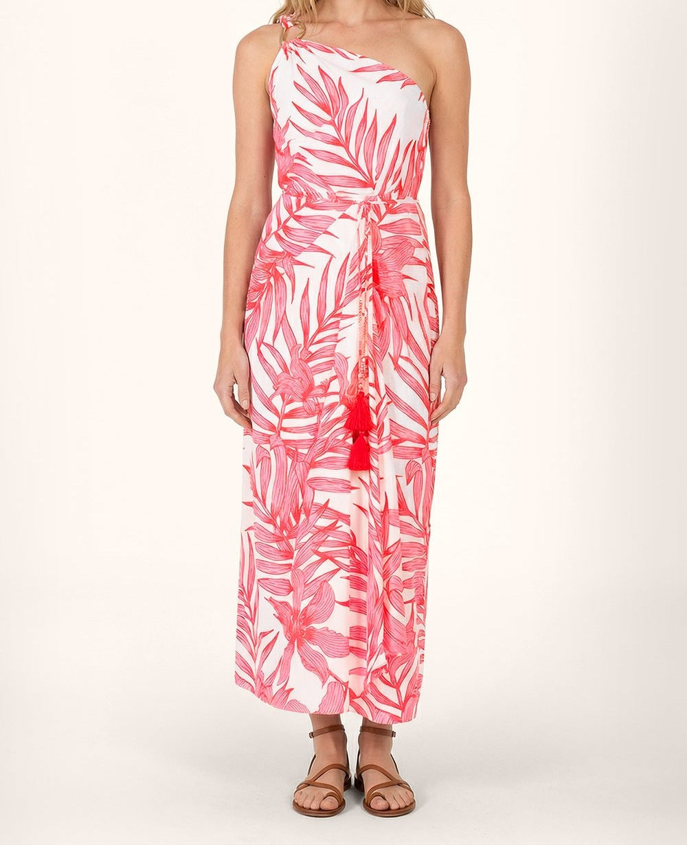 Pink cotton long dress by Poupette St Barth, Fanny style with a palm leaf pattern and flowing silhouette.
