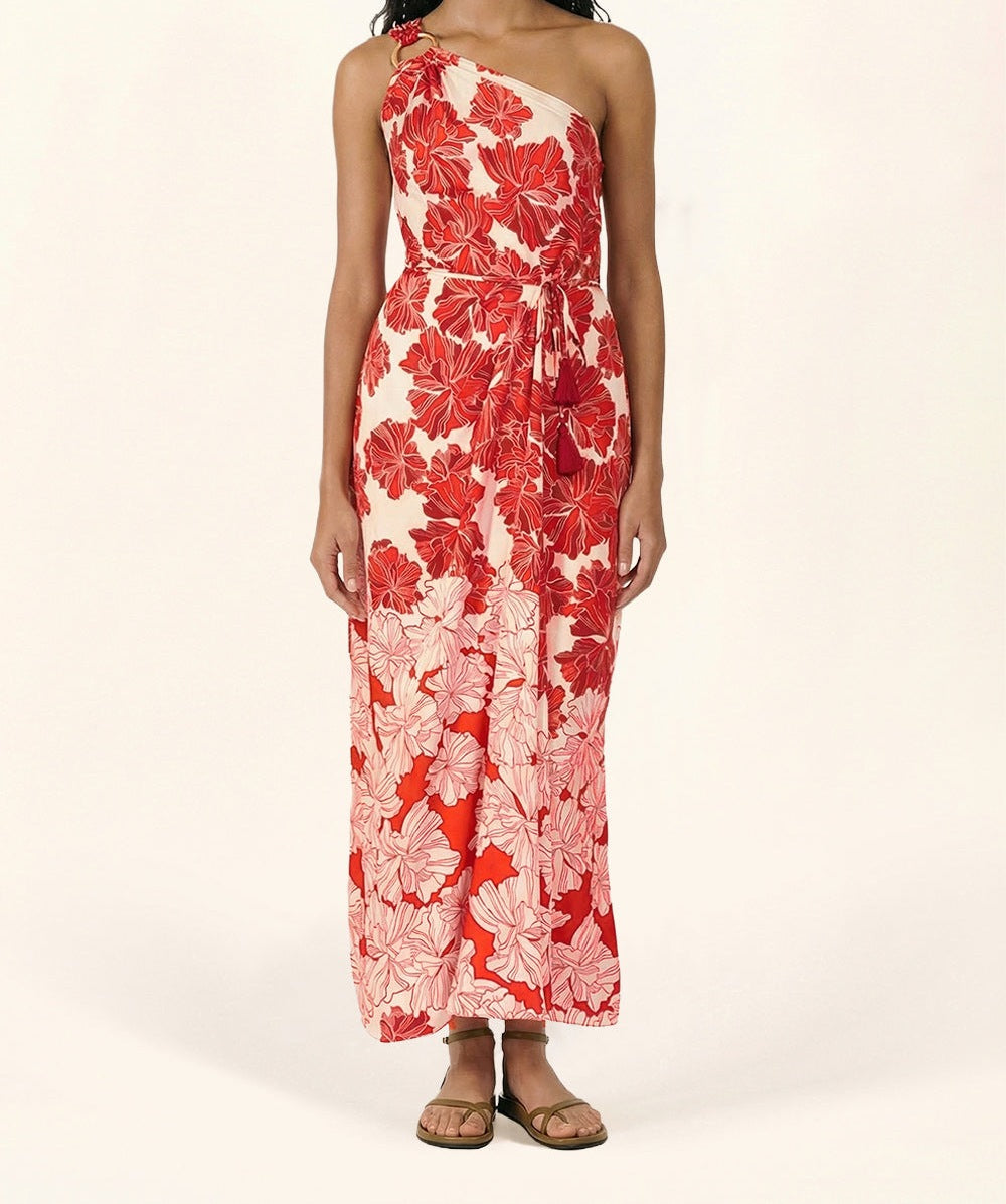 Poupette St Barth Long Dress Fanny in red flower bunch pattern, silky viscose satin fabric, ankle-length, flowing design.