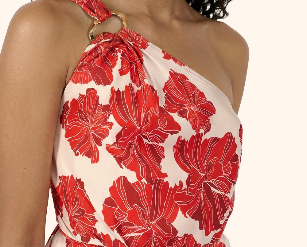 Poupette St Barth Long Dress Fanny in red flower bunch print, silky viscose satin fabric, elegant full-length design.