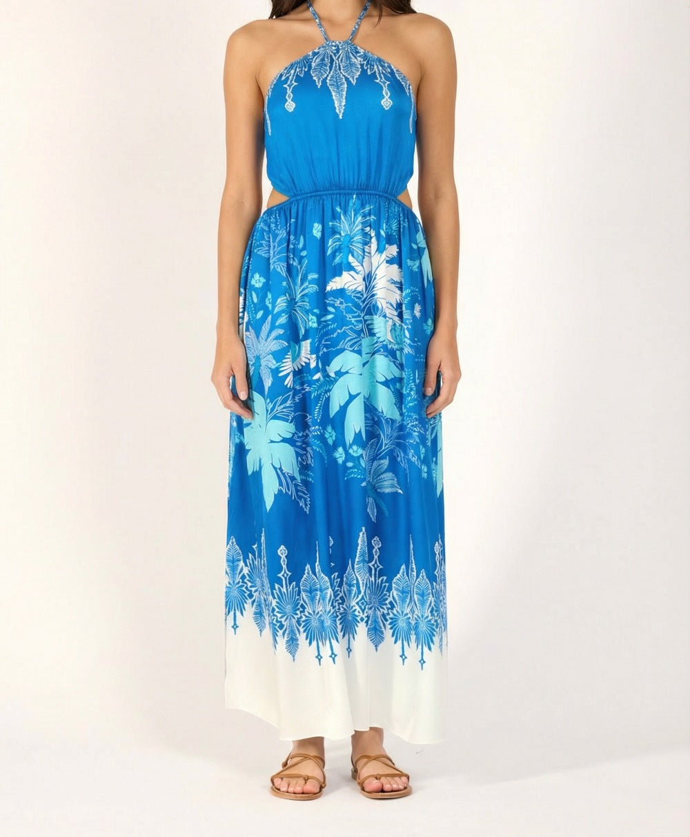 Poupette St Barth Isore Long Dress in blue Canopy, silky viscose satin fabric, flowing maxi dress with elegant design.