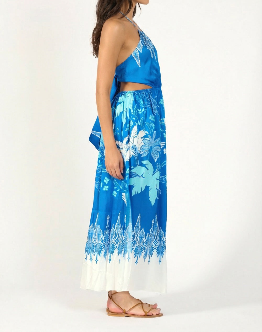 Long blue Poupette St Barth Isore long dress in viscose satin with flowing silhouette and elegant design.