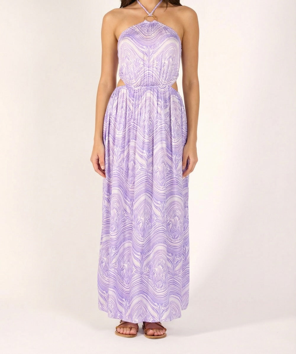 Lilac long dress Isore by Poupette St Barth, made of silky viscose satin, featuring a flowing design and elegant silhouette.