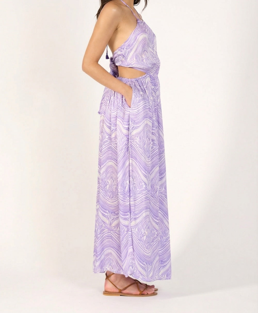 Long Lilac Moryana dress by Poupette St Barth, flowing viscose satin fabric, elegant floor-length design.