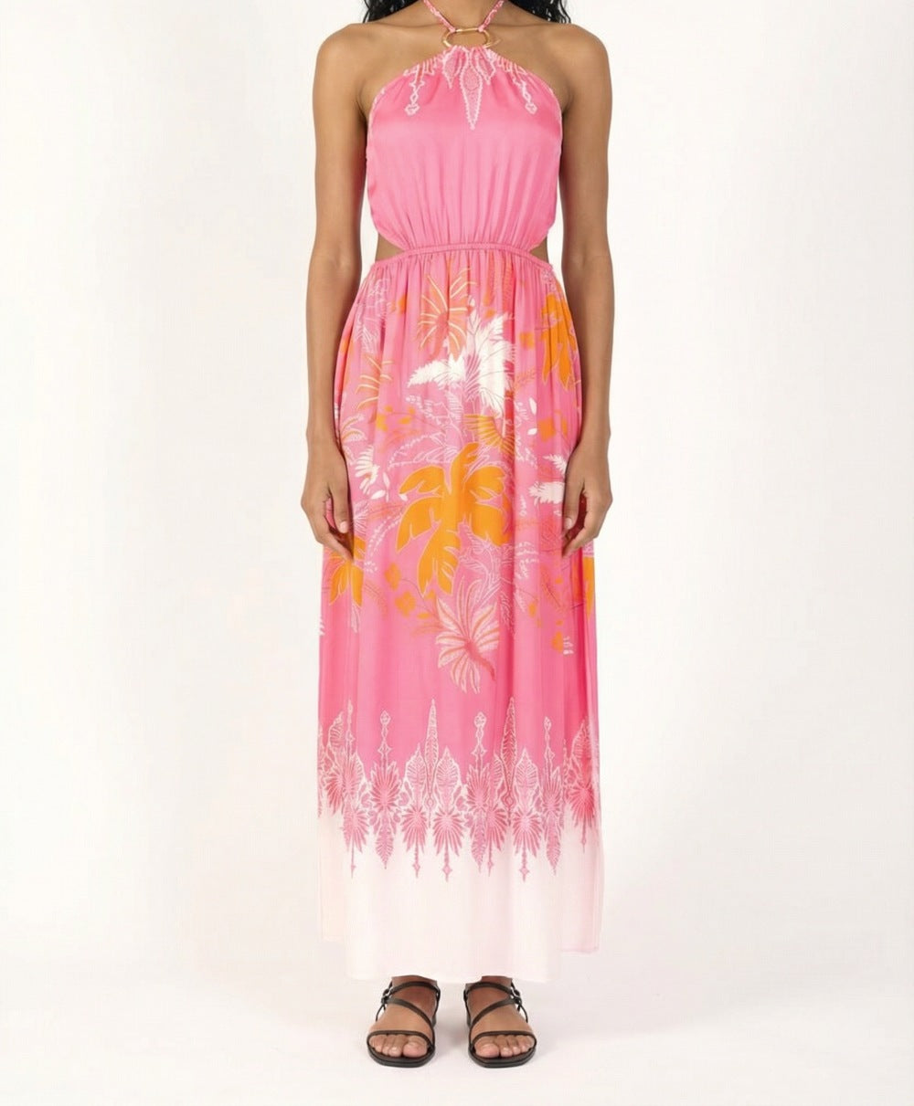 Poupette St Barth Long Dress Isore in Pink Canopy, sleeveless satin maxi dress with flowing silhouette and elegant design.
