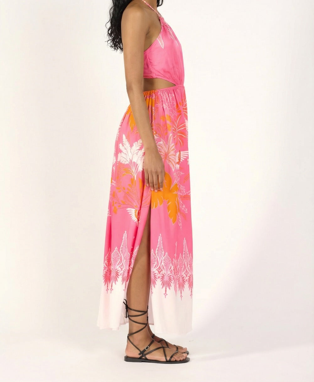 Poupette St Barth Long Dress Isore in Pink Canopy, lightweight satin viscose fabric, flowing floor-length design.