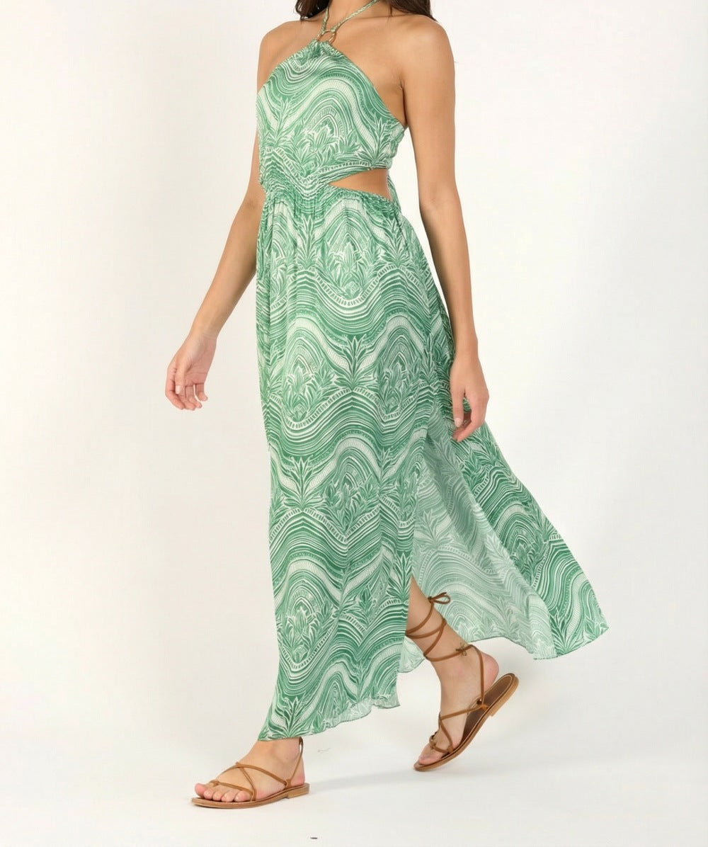 Poupette St Barth Long Dress Isore in Sage Moryana, silky viscose satin fabric, elegant full-length dress with flowy design.