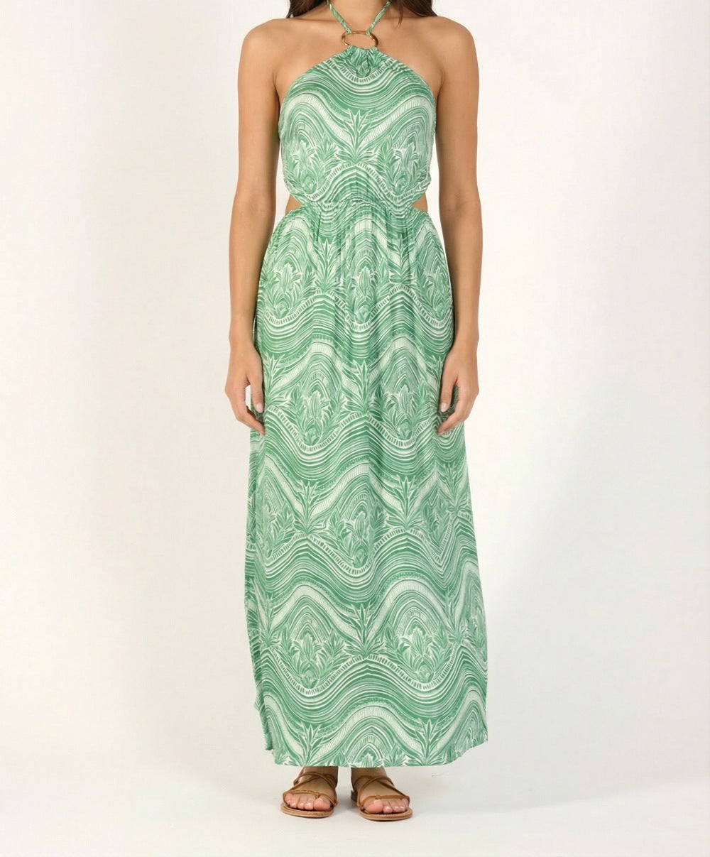 Long Sage Moryana viscose satin dress by Poupette St Barth, featuring a flowing, elegant design in a soft green shade.
