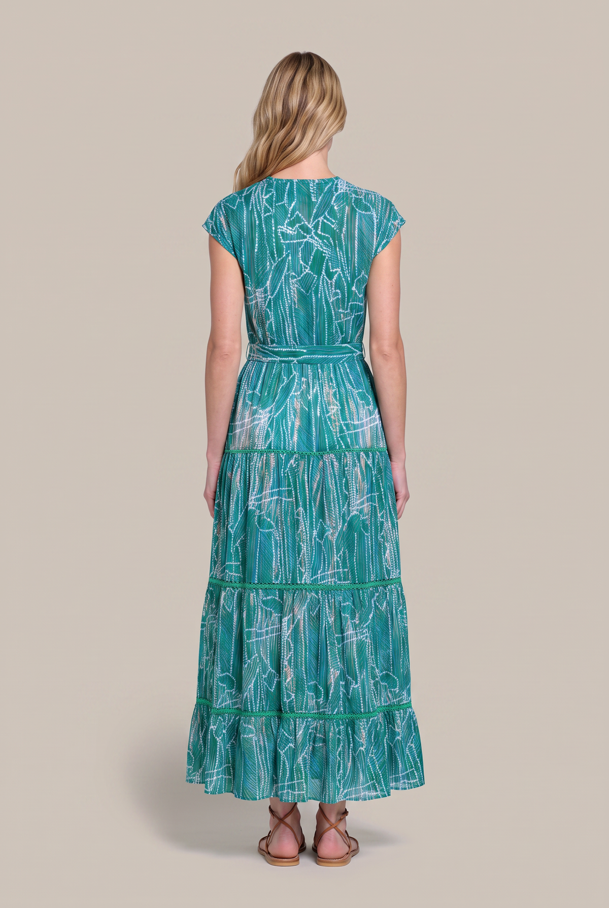 Green Akoya long dress – Long Dress Kora by Poupette St Barth, full-length back view with tiered skirt