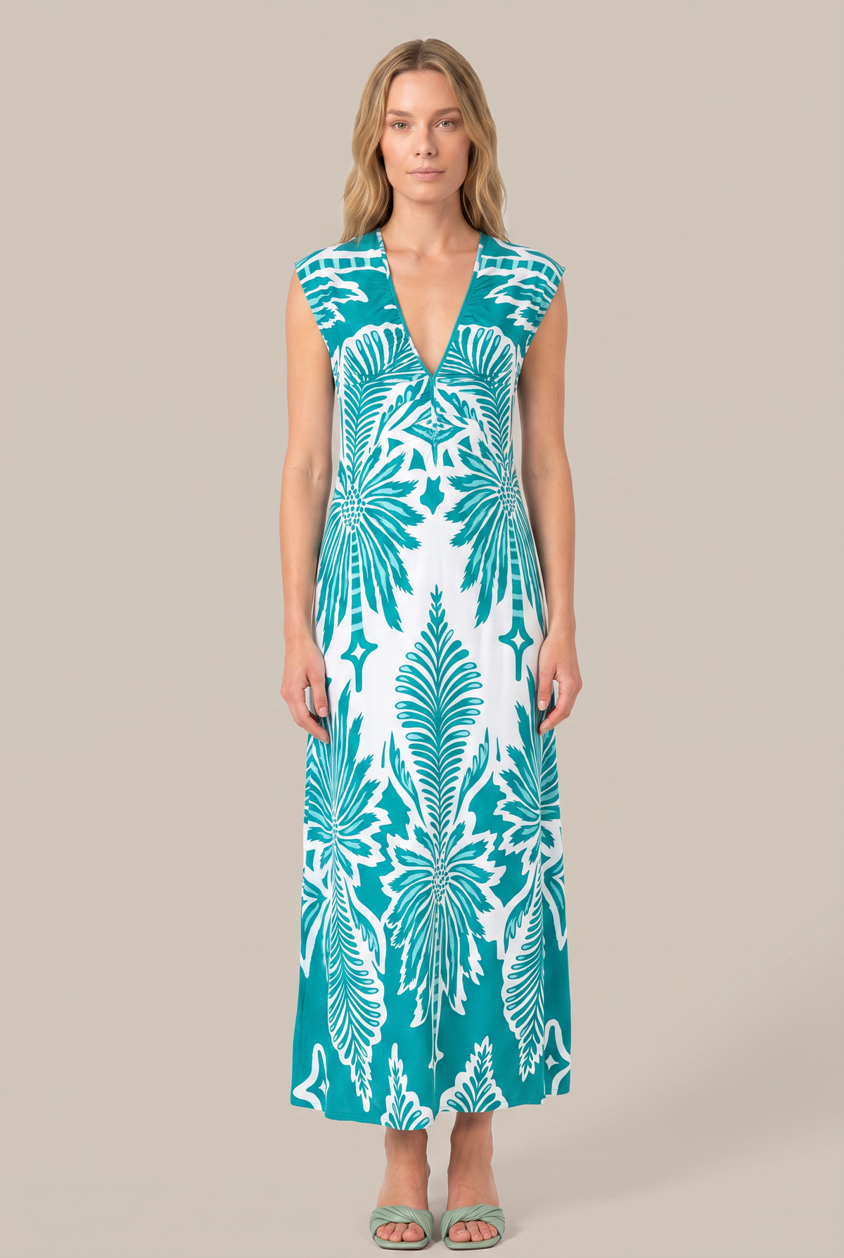 Mint Cartagena long dress – Long Dress Nova by Poupette St Barth, front view with deep v-neck