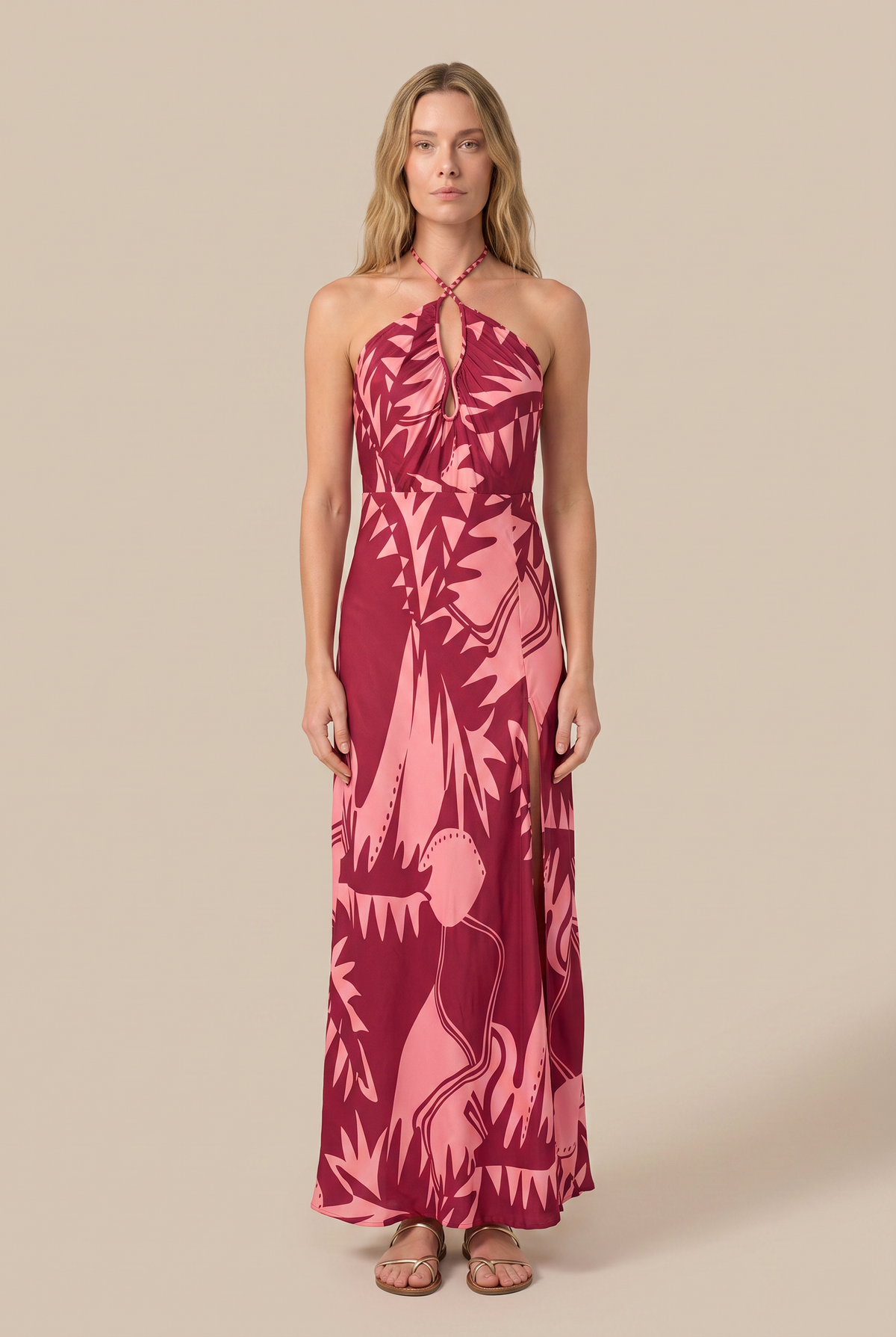 Bordo Oasis long dress – Long Dress Stella by Poupette St Barth, full-length front view with keyhole halter and slit