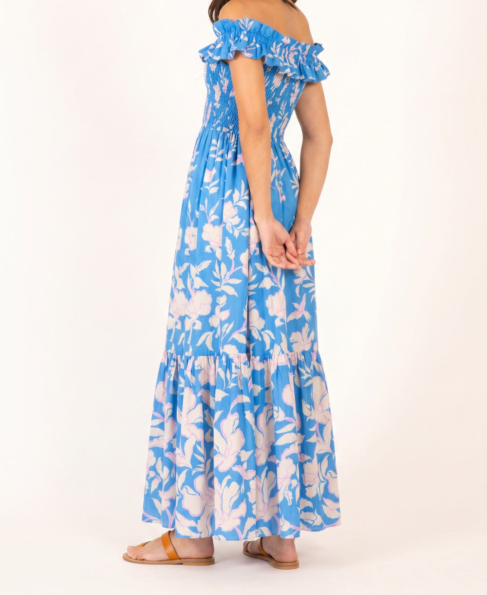 Blue cotton long dress by Poupette St Barth, Suzanne style, featuring a relaxed fit and palm beach-inspired design.