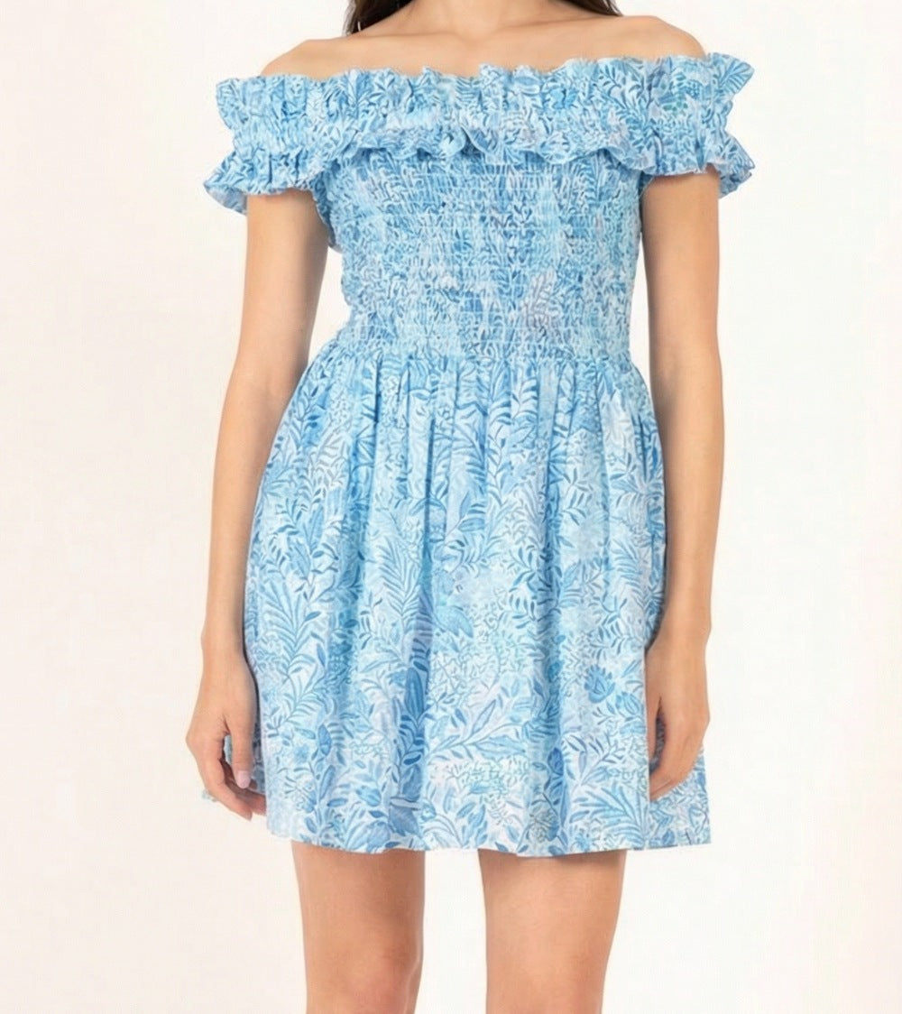 Poupette St Barth Amber Mini Dress in blue palmarosa cotton with metallic accents, showcasing a stylish mini dress design.