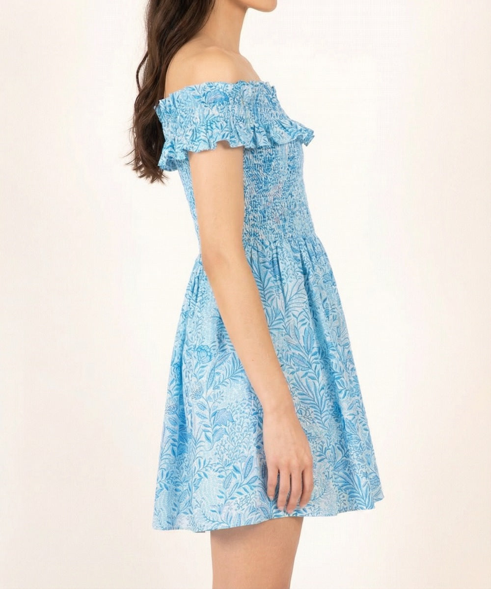 Blue Palmarosa cotton Mini Dress Amber by Poupette St Barth, showcasing a stylish, metallic-finish design with a fitted silhouette.