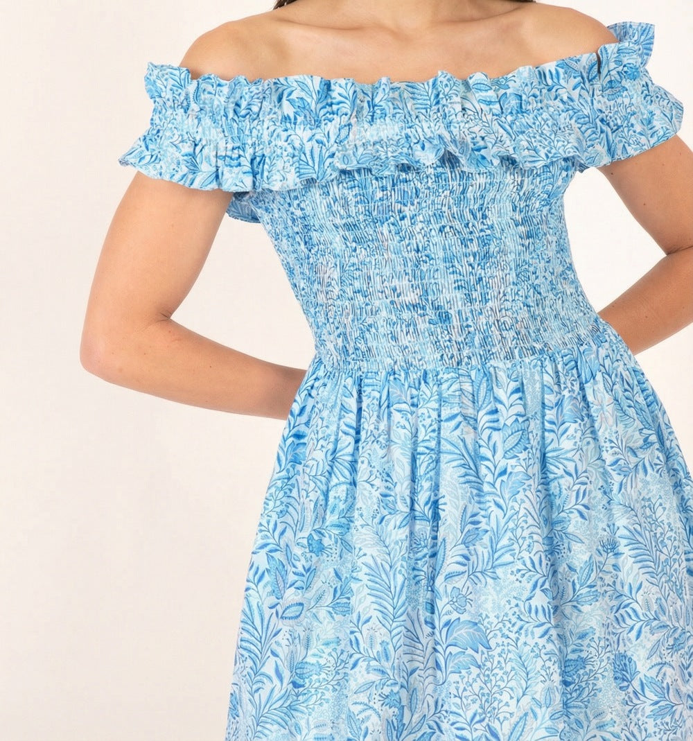 Poupette St Barth Mini Dress Amber in blue Palmarosa cotton with metallic accents, short and stylish for warm weather.