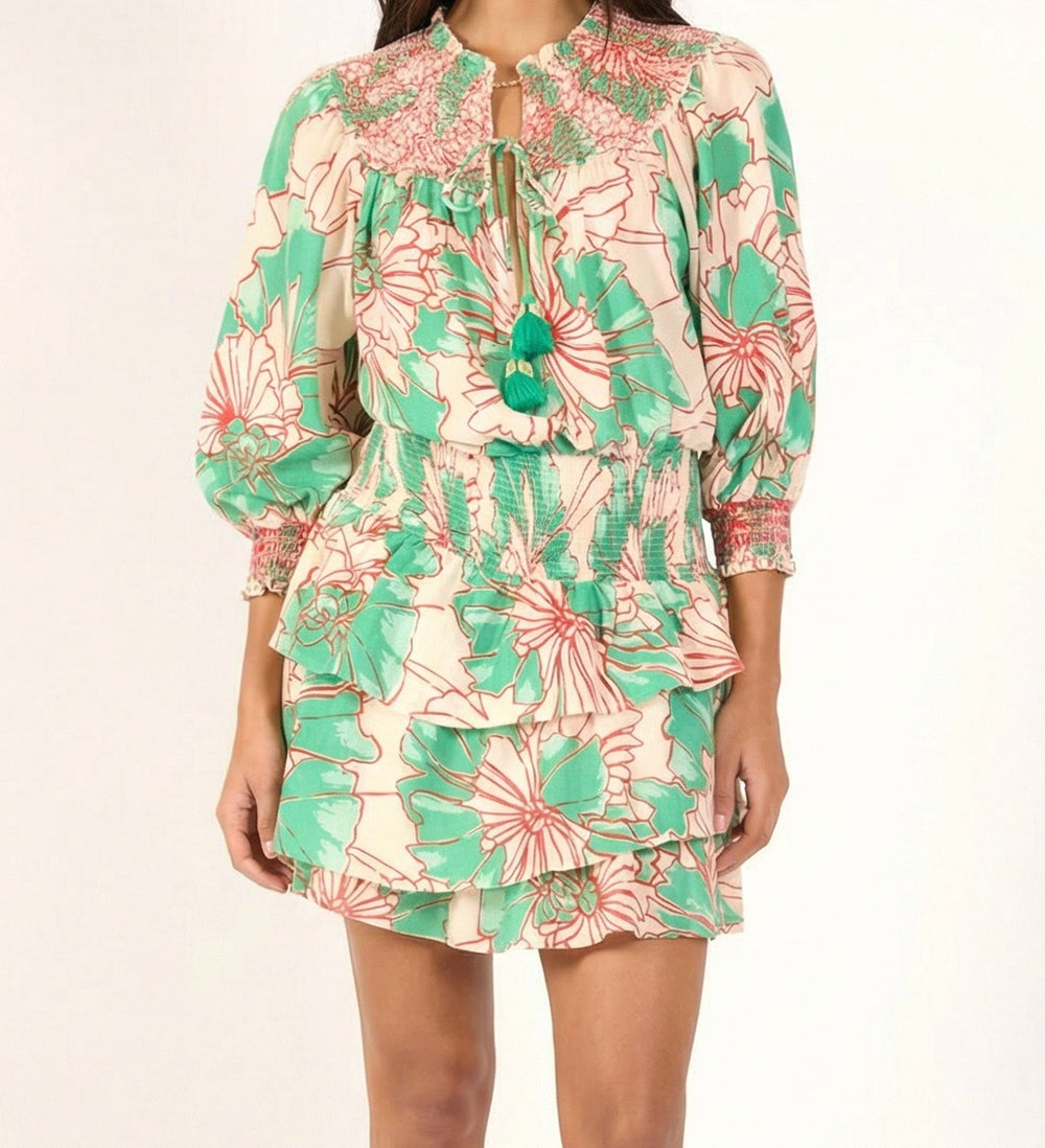 Poupette St Barth Mini Dress Anna in green petal cotton mousseline, featuring a stylish, lightweight design.