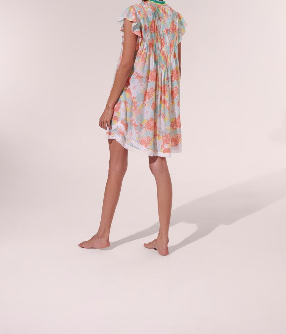 Orange flower print mini dress by Poupette St Barth, Sasha style, featuring a vibrant floral design and lightweight viscose fabric.
