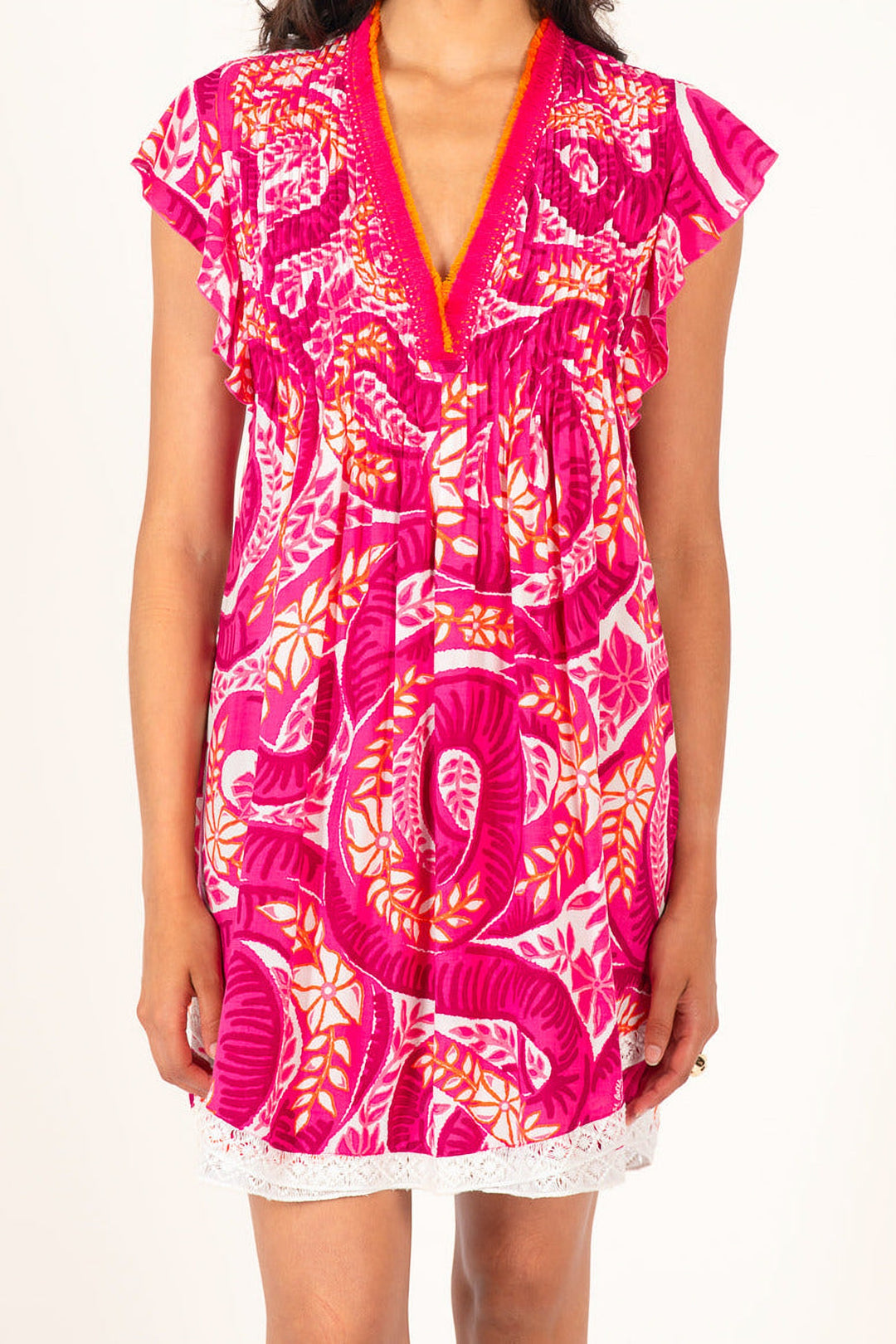 Pink Holy Snake mini dress by Poupette St Barth, featuring a fitted silhouette and Viscose fabric, displayed on a hanger.