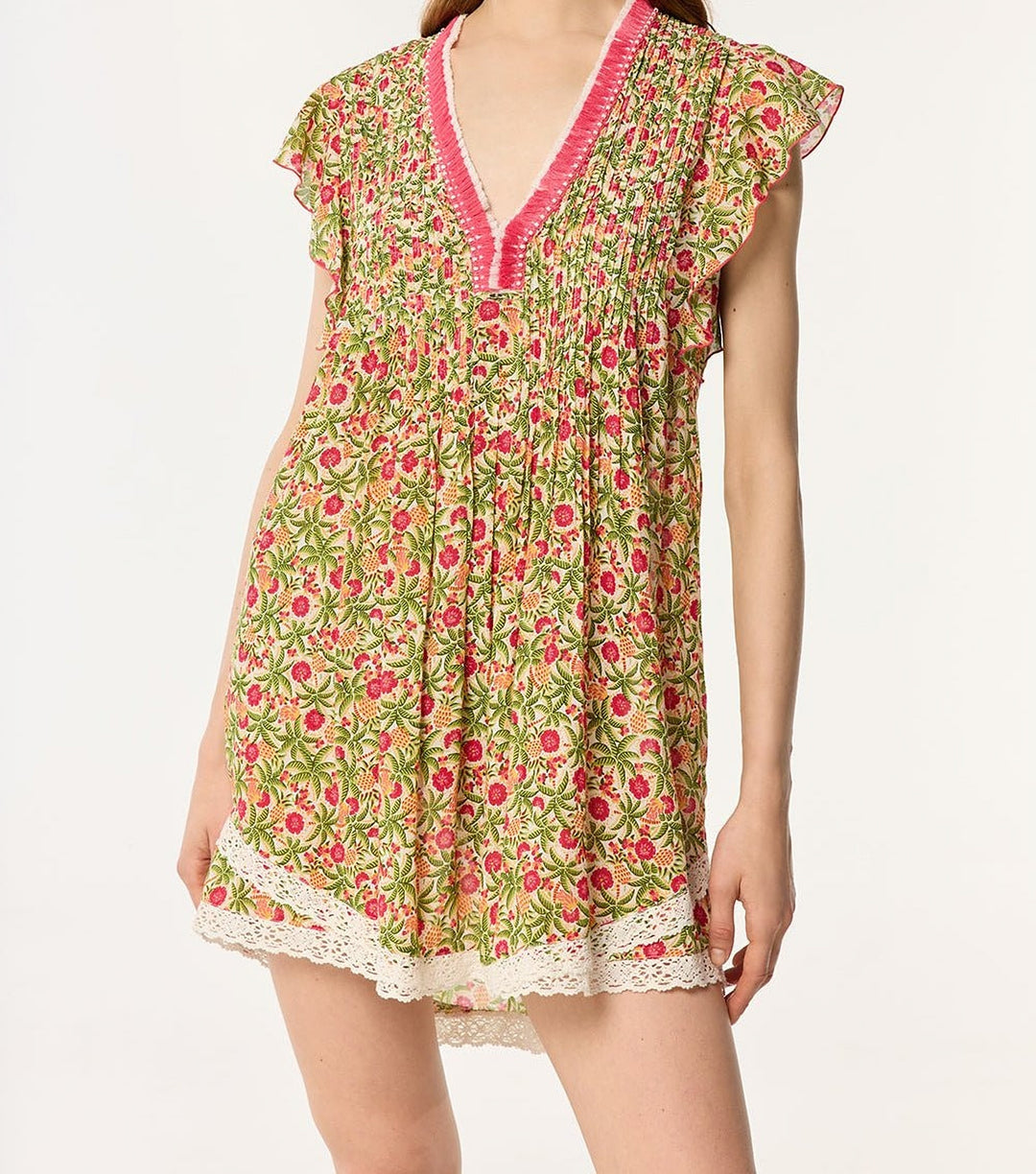 Pink viscose mini dress Sasha by Poupette St Barth, featuring a stylish, lightweight design perfect for warm weather.