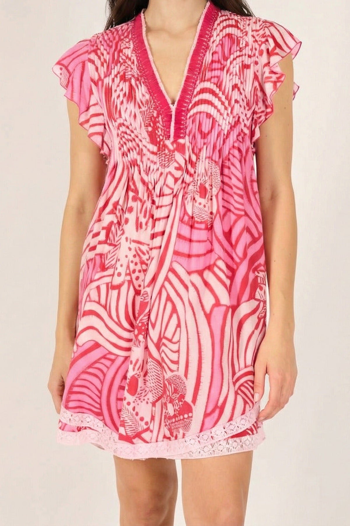 Pink Poupette St Barth Mini Dress Sasha in viscose, featuring a stylish, flowy fit with delicate details and a vibrant Japanese-inspired pattern.