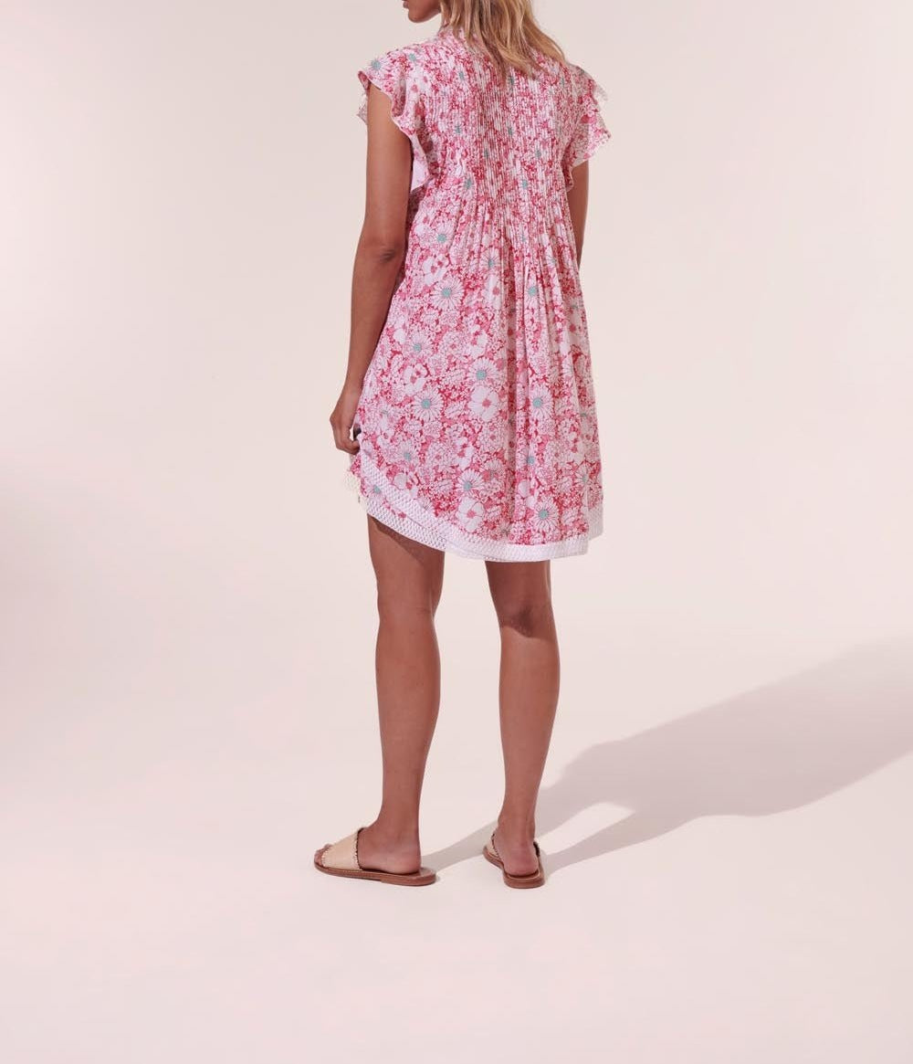 Pink Poupette St Barth Mini Dress Sasha with mid-70s garden print, sleeveless design, lightweight viscose fabric, casual summer style.
