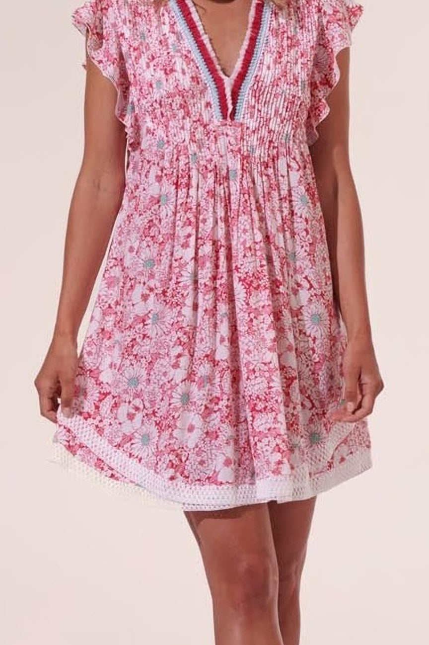 Pink Mini Dress Sasha by Poupette St Barth featuring a mid-70s garden-inspired floral print and lightweight viscose fabric.