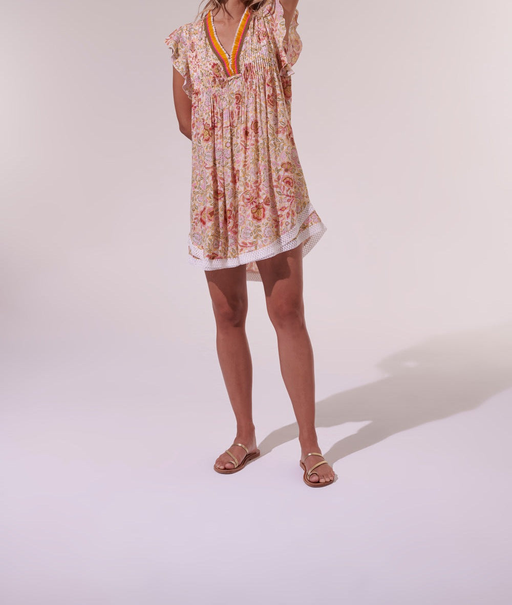 Yellow Poupette St Barth Mini Dress Sasha in viscose, featuring a stylish, lightweight design perfect for warm weather.