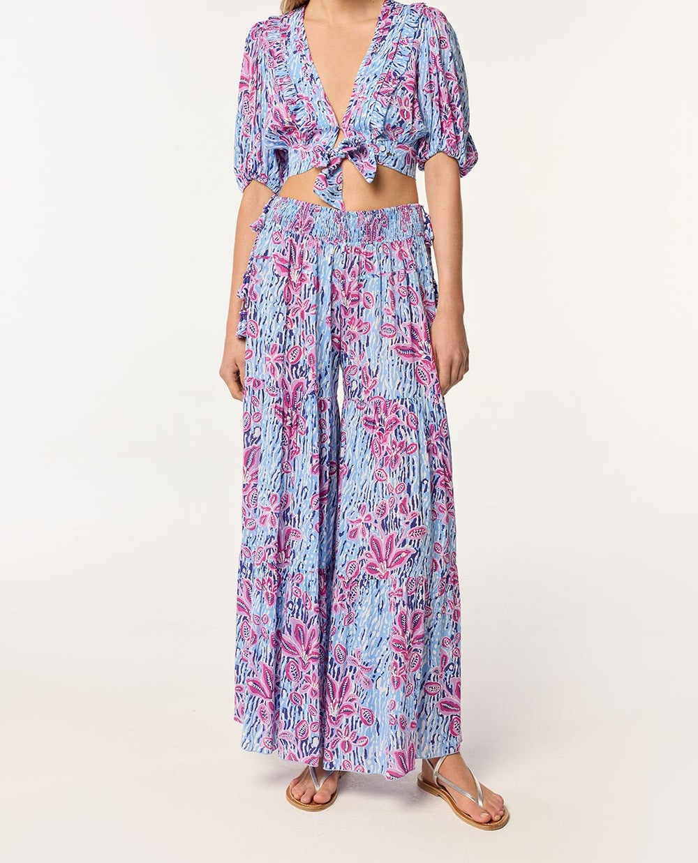 Blue viscose pants by Poupette St Barth, Pant Soledad in Exotic Forest print, featuring a relaxed fit and stylish design.