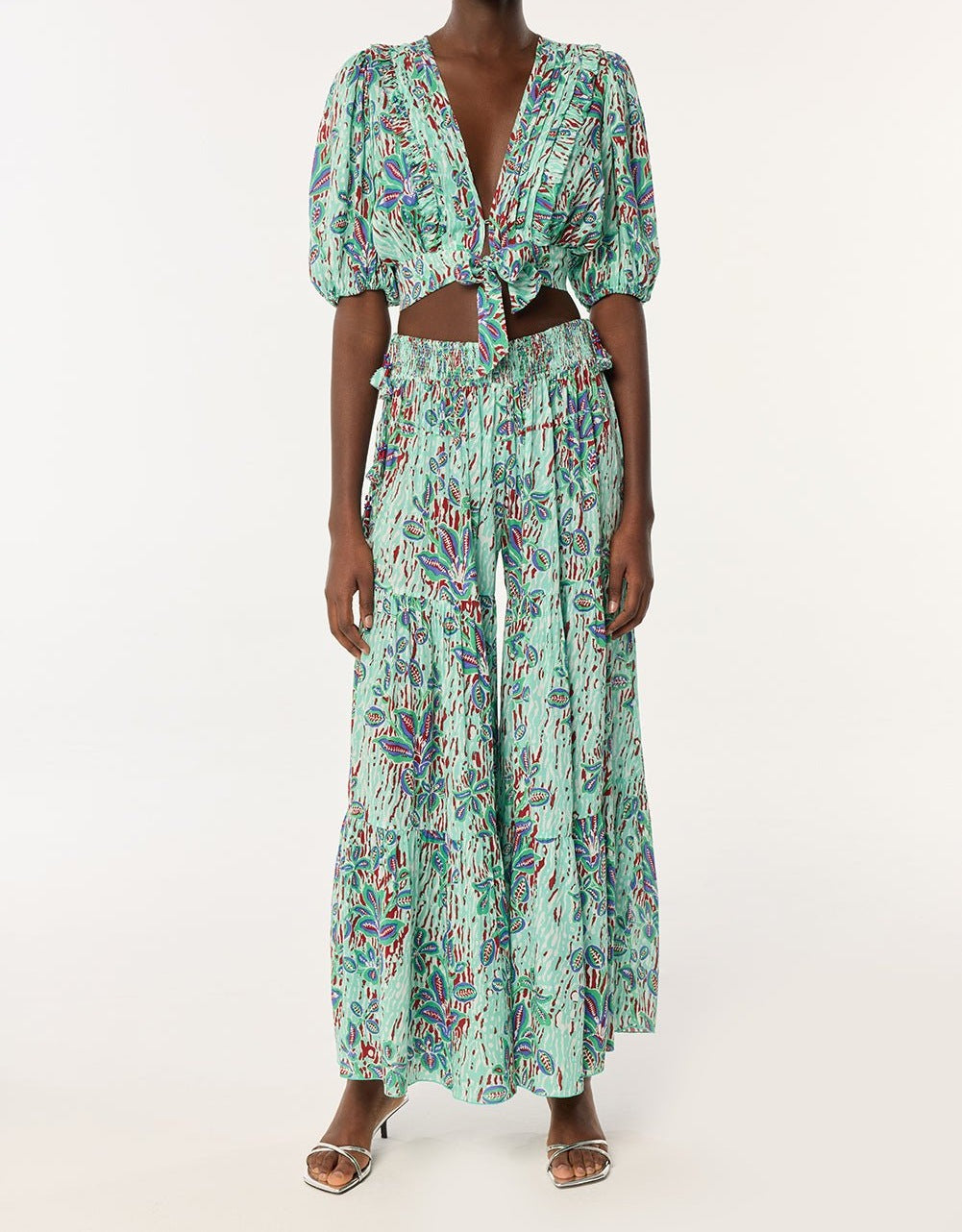 Poupette St Barth Pant Soledad in Mint Exotic Forest, lightweight viscose pants with a relaxed fit and tropical print.