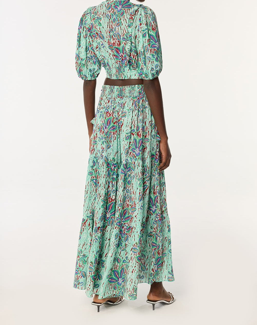 Poupette St Barth Pant Soledad in mint exotic forest print, lightweight viscose pants with relaxed fit and tropical pattern.