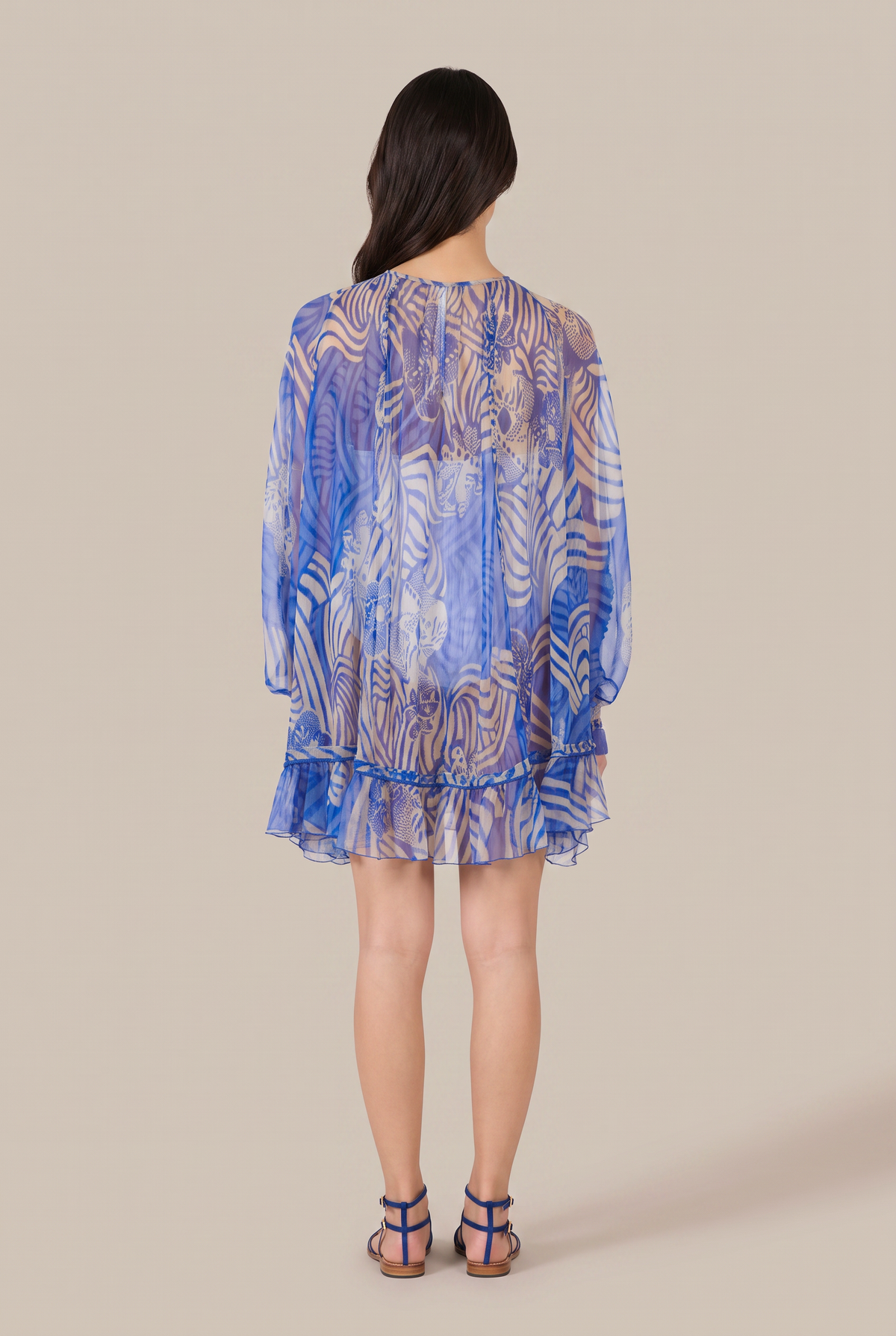 Blue Japonism poncho – Poncho Nava by Poupette St Barth, back view showing the sheer chiffon