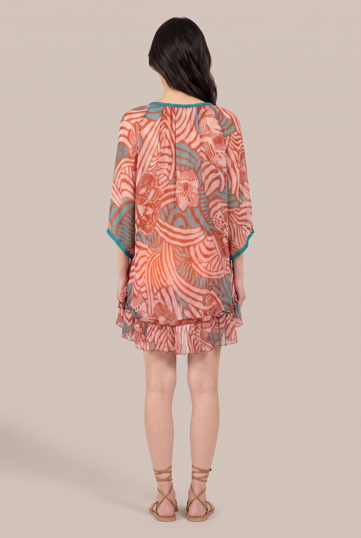 Brick Japonism poncho – Poncho Nava by Poupette St Barth, back view showing the ruffled hem