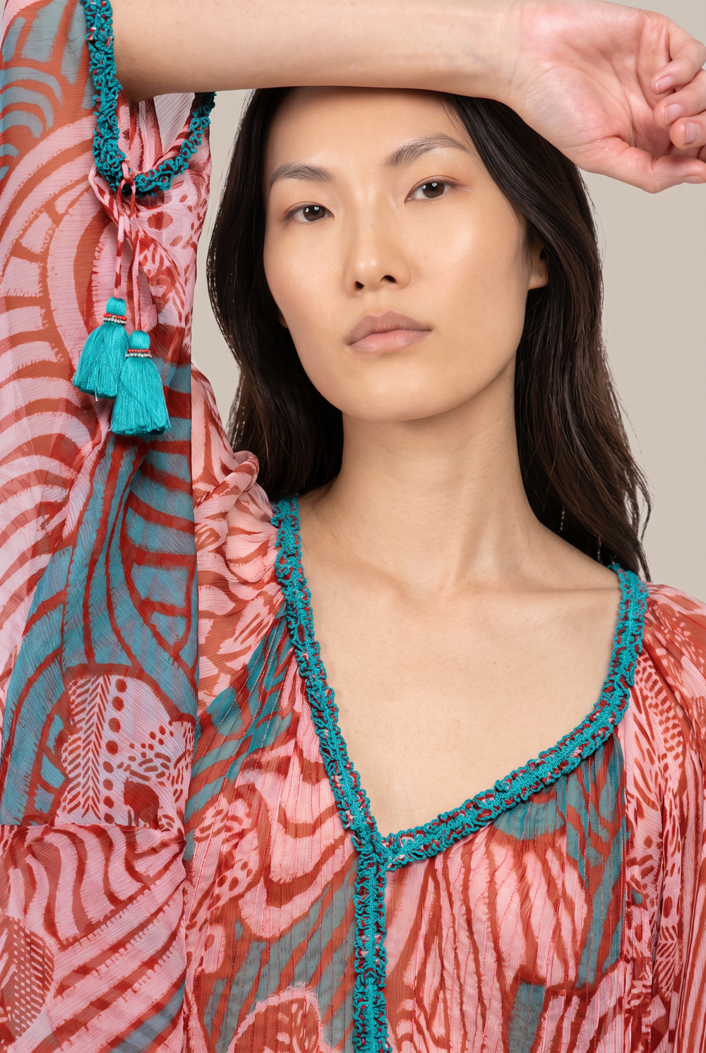 Poupette St Barth Nava Poncho in Brick Japonism print, stylish cover-up with vibrant pattern and lightweight fabric.