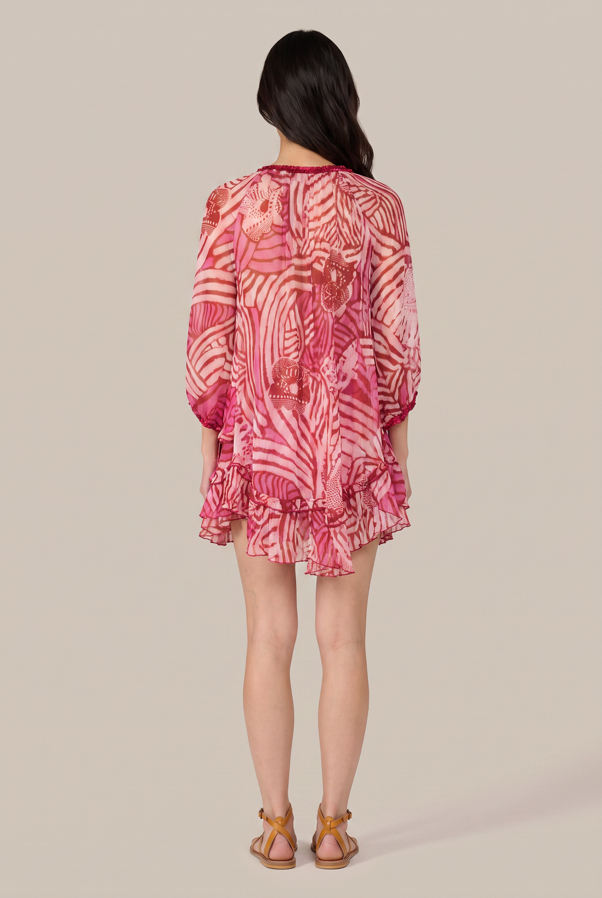 Pink Japonism poncho – Poncho Nava by Poupette St Barth, back view with ruffled hem