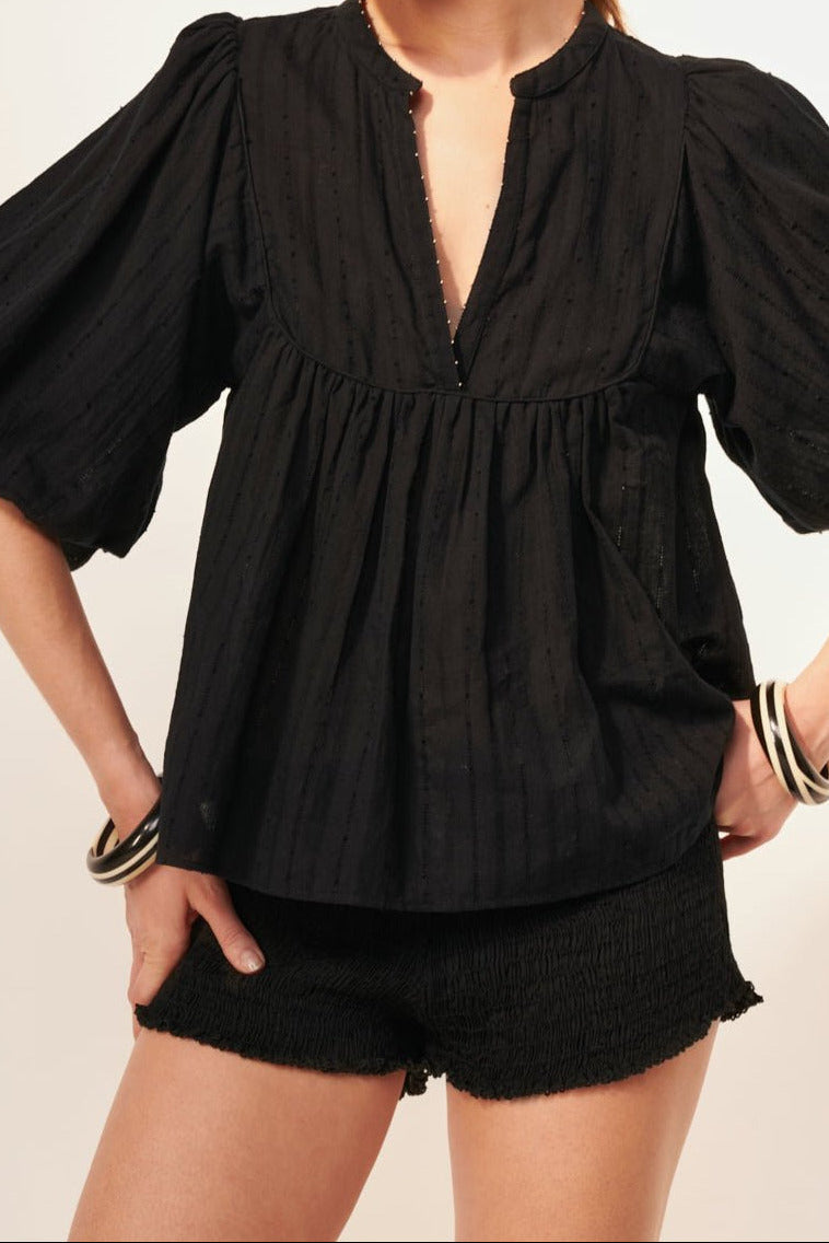 Black blouse – Blouse Flores by Poupette St Barth, front view showing gathered yoke and puff sleeves
