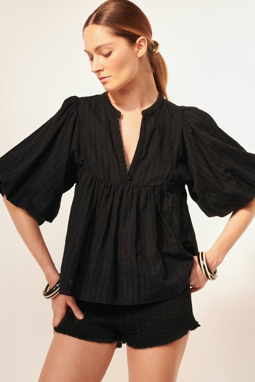 Black blouse – Blouse Flores by Poupette St Barth, fabric detail